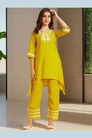 Azira Embroidered V-Neck High-Low Embroidered Co-Ords Set