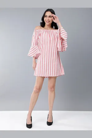 HERE&NOW White Striped Off-Shoulder Bell Sleeve A-Line Dress