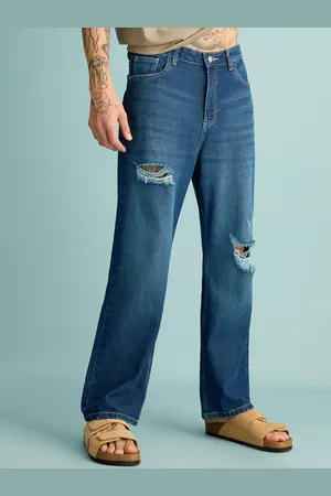 FREAKINS Men Straight Fit High-Rise Low Distress Light Fade Pure Cotton Jeans
