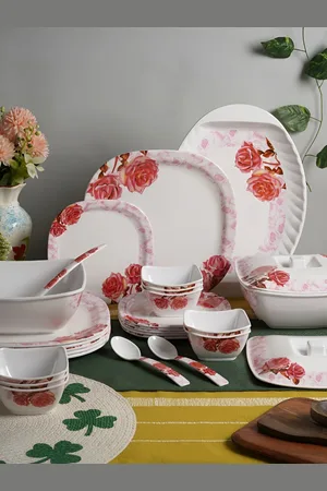 Aura White & Red 40Pcs Floral Printed Melamine Glossy Dinner Set