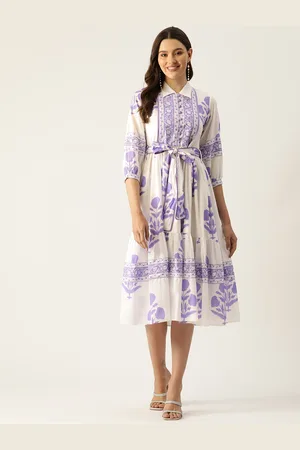 Jaipur Floral Print Puff Sleeves Tiered A-Line Pure Cotton Midi Dress with Belt