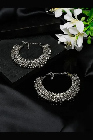 Sangria Set Of 2 German Silver Plated Beaded Oxidised Anklets