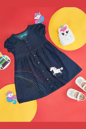 Pantaloons Girls Graphic Printed Puffed Sleeves Pure Cotton A-Line Denim Dress