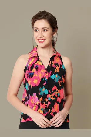 CHARMGAL Abstract Printed Sleeveless Georgette Shirt Style Top