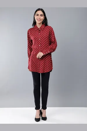 HERE&NOW Red Polka Dots Printed Long Sleeves Longline Casual Shirt