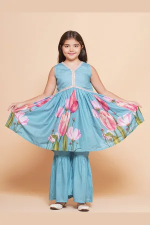 Bhama Girls Floral Printed Empire Gotta Patti A-Line Kurta With Sharara