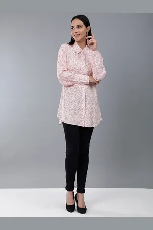 HERE&NOW White Floral Printed Long Sleeves Longline Casual Shirt