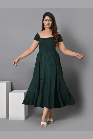 IQRAAR Off Shoulder Smocked Tiered Fit & Flare Midi Dress