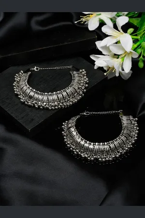 Sangria Set Of 2 German Silver-Plated Oxidised Tribal Anklets