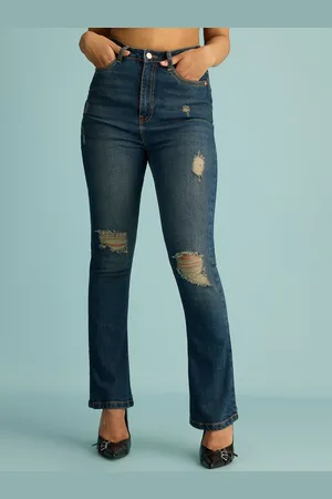 FREAKINS Women Bootcut High-Rise Slash Knee Light Fade Pure Cotton Jeans