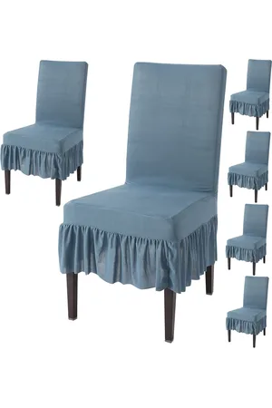 HOKIPO Blue 6 Piece Frilled Dining Chair Covers