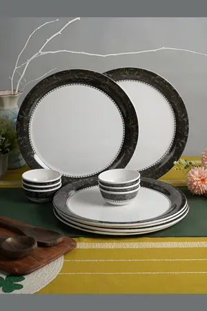 Aura White & Black 12 Pieces Printed Melamine Glossy Dinner Set