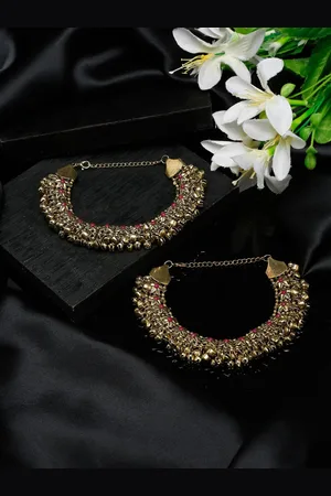 Sangria Set Of 2 German Silver Gold-Plated Oxidised Tribal Anklets