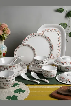 Aura White & Red 41 Pieces Printed Melamine Glossy Dinner Set