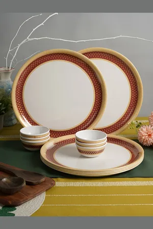 Aura White & Red 12Pcs Printed Melamine Glossy Dinner Set