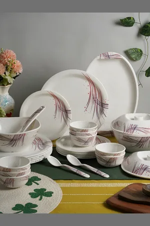 Aura White & Pink 41Pcs Printed Melamine Glossy Dinner Set