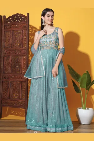 Chhabra 555 Floral Embellished V-Neck Fit and Flare Maxi Ethnic Dress With Dupatta