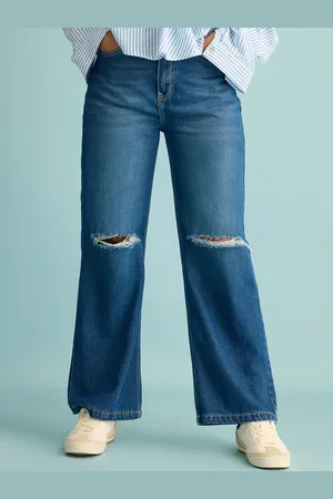FREAKINS Women Wide Leg High-Rise Slash Knee Light Fade Pure Cotton Jeans