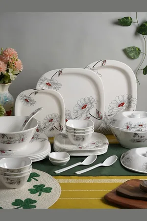 Aura White & Grey 47Pcs Printed Melamine Glossy Dinner Set