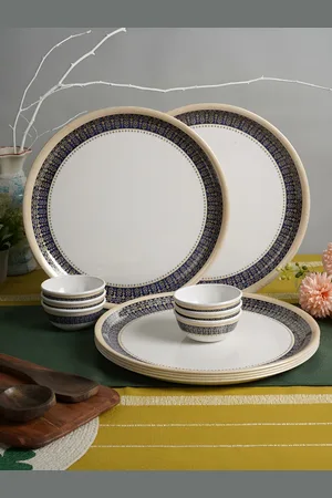 Aura White & Black 12Pcs Printed Melamine Glossy Dinner Set