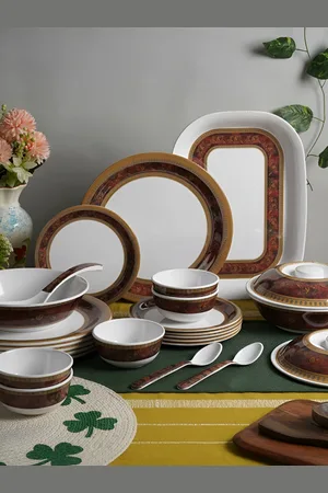 Aura White & Brown 47Pcs Printed Melamine Glossy Dinner Set