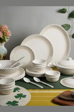 Aura White 40Pcs Printed Melamine Glossy Dinner Set