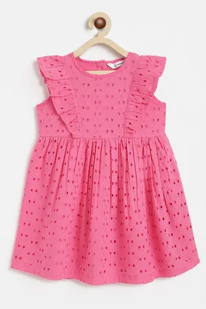 Campana Girls Self Design Cotton Round Neck Sleeveless Ruffled Fit & Flare Casual Dress