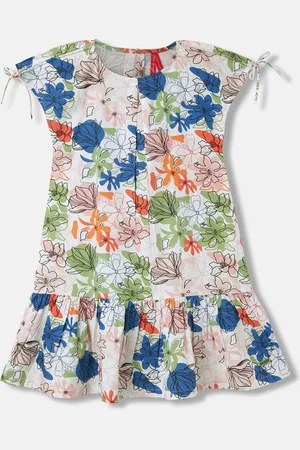 Blue Giraffe Girls Floral Printed Round Neck Cotton A-Line Dress