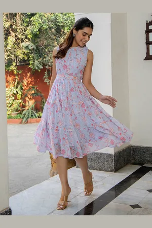Janasya Dobby Georgette Floral Midi Tiered Dress