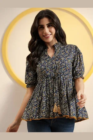 Azira Floral Print Mandarin Collar Puff Sleeve Cotton Peplum Top