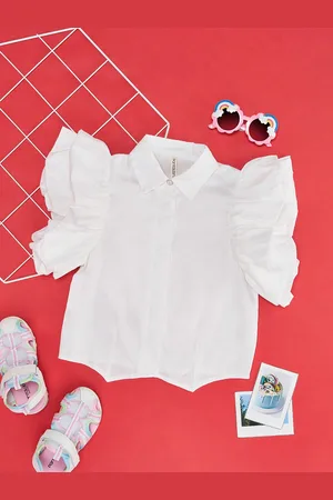 Pantaloons Girls Flutter Sleeve Cotton Shirt Style Top