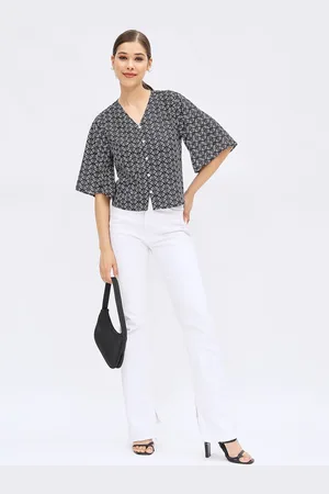 Harpa Abstract Printed Flared Sleeve Shirt Style Top