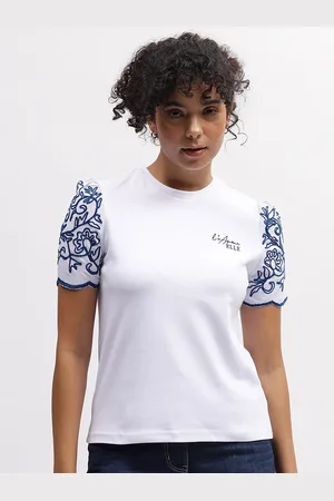 Elle Round Neck Short Sleeves Embroidered Cotton Relaxed Fit T-shirt