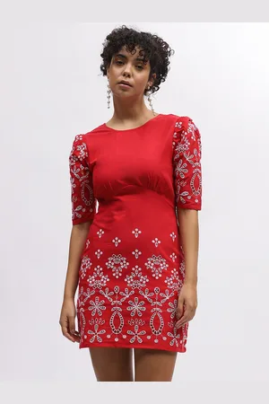 Elle Floral Embroidered Cotton Round Neck Sheath Mini Dress