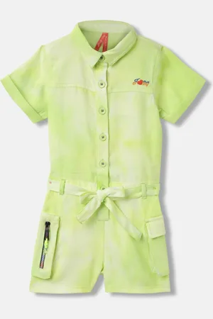 Blue Giraffe Girls Printed Shirt Collar Jumpsuit With Belt