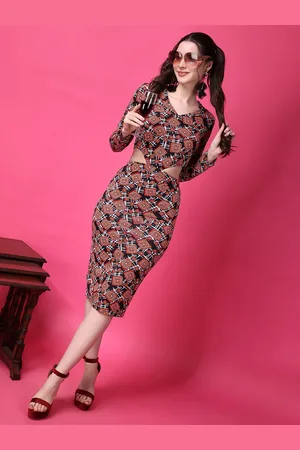 Popwings Geometric Printed V-Neck Long Sleeves Bodycon Dress