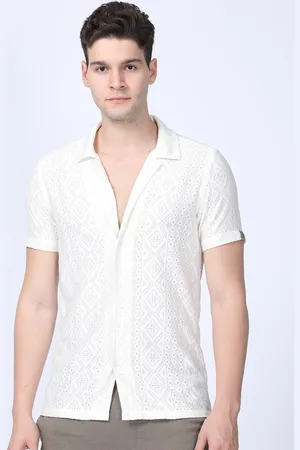 POE Men Smart Slim Fit Self Design Crochet Cotton Shirt