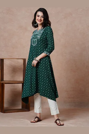 Globus Green Ethnic Motifs Printed Round Neck Thread Work A-Line Kurta