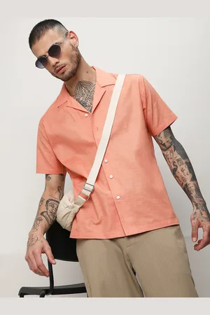 Campus Orange Classic Cuban Collar Short Sleeves Heathered Casual Shirt