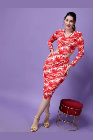 Popwings Tie and Dye Printed V-Neck Long Sleeves Bodycon Dress