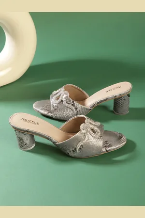 Truffle Collection Textured Embellished Open Toe Block Heels