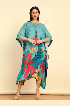 Soch Turquoise Blue Floral Printed Tie-Up Neck Flared Sleeves Kaftan Ethnic Dress