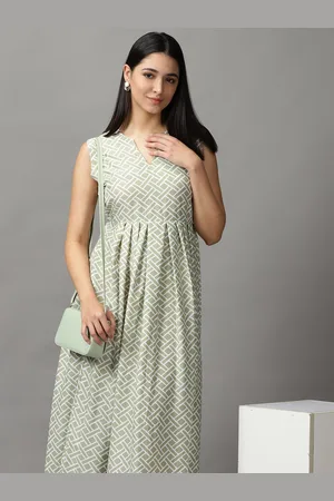 SHOWOFF Women Sea Green & White V-Neck Maxi Dress