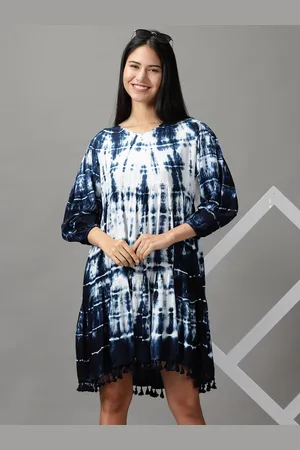 SHOWOFF Women White & Navy Blue Tie and Dye Dyed A-Line Dress