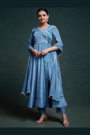 Fusionic Bandhani Printed Lace Angrakha Kurta With Trousers & Dupatta