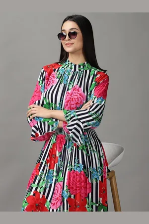 SHOWOFF Women Black & Red Floral Crepe Midi Dress