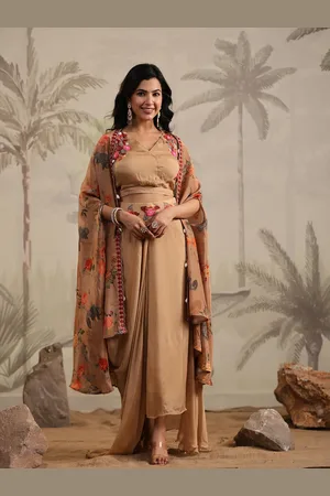 SCAKHI Embroidered V-Neck Top & Flared Skirt With Cape Co-Ords