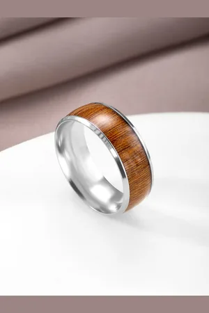 Peora Men Silver-Toned & Brown Wooden Band Ring
