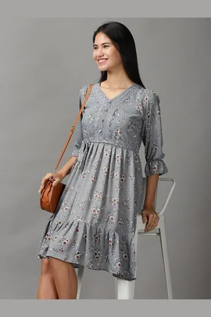 SHOWOFF Women Grey & Beige Floral Printed Fit & Flare Dress