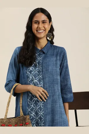 Taavi Shirt Collar Floral Printed Indigo Denim Kurta with Palazzos